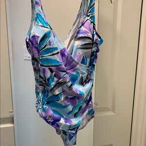 Floral blue, purple and silver bathing suit with built in bra liners.